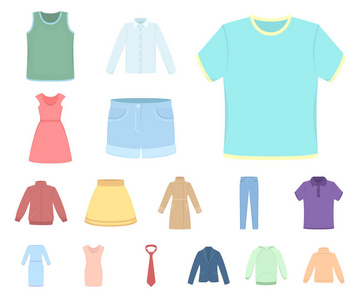 不同种类的服装卡通图标集为设计集。服装和风格矢量符号股票网站插图