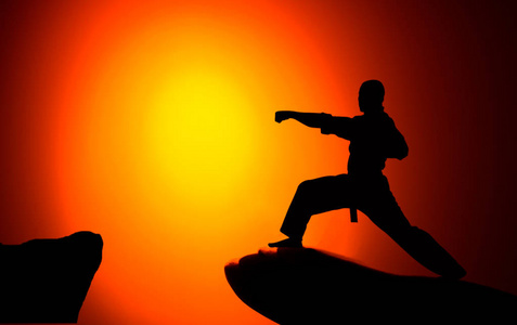 日落后,人们在草地上练习空手道. 自我防御的艺术.