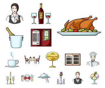 餐厅和酒吧卡通图标集合中的设计。快乐, 食物和酒精矢量符号股票网页插图