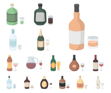 类型的酒精卡通图标集收集为设计。酒瓶矢量符号股票网页插图