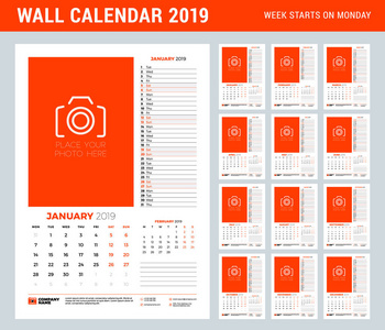 墙日历计划模板2019年。 一套12个月。 一周从星期一开始。 矢量插图