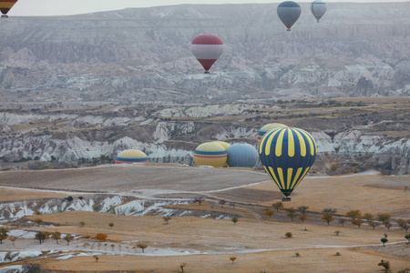 在土耳其卡帕多西亚岩石谷上空飞行的热气球