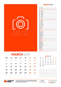 墙日历计划模板为2019年3月。周开始于星期一。 矢量插图