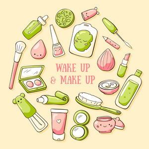 手绘涂鸦卡模板与可爱的化妆对象. 矢量图. 醒来,化妆刻字.