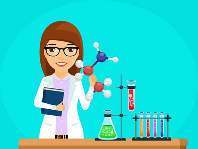 科学家的概念。 在桌子上做实验的女科学家。 蓝色背景上的扁平风格。 卡通。