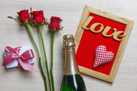s Day. Champagne, hearts, gift box and roses. Mother39