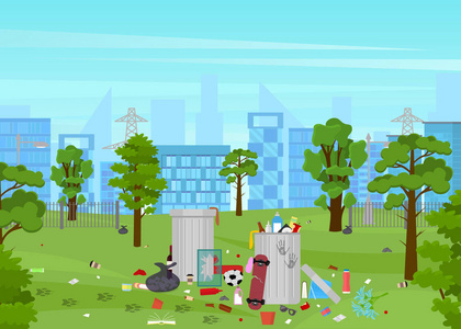 卡通垃圾在公园卡海报.向量照片