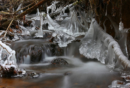 冬天的第一天。 寒冷的冰在小森林小溪上创造。
