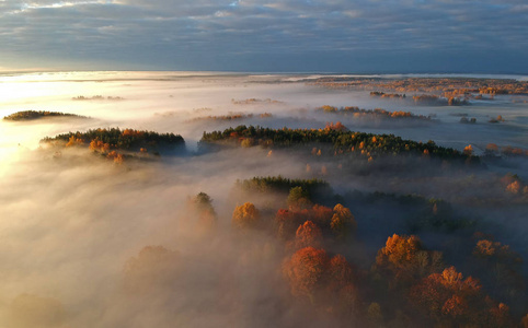 鸟瞰五颜六色的雾，初秋早晨。
