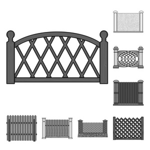 大门和栅栏标志的孤立物体。 一组门和墙矢量图标的股票。