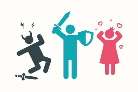 年轻的英雄骑士带着盾牌和剑从黑暗敌人的角中拯救公主.