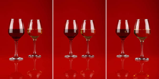 照片三杯酒在光滑的红色背景上
