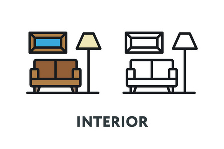 舒适的室内家具概念。沙发，沙发，沙发，台灯，图片。最小颜色平线轮廓笔画图标。