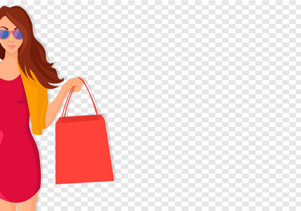 手绘购物女人带包的概念