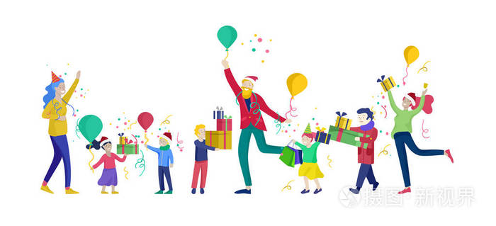 圣诞快乐, 一起庆祝快乐.一群卡通人在圣诞老人的帽子和孩子.