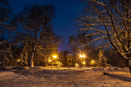 在晚上被雪的城市街道