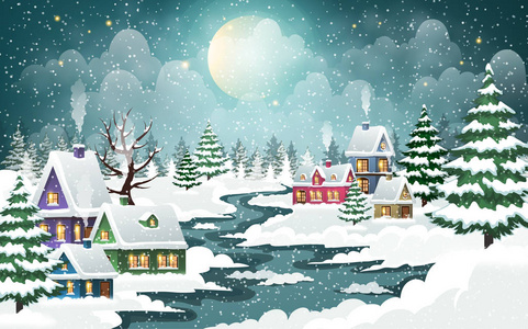 傍晚的城市冬季景观，雪覆盖的房子和冰冻的河流在前景。 圣诞节假期矢量插图。