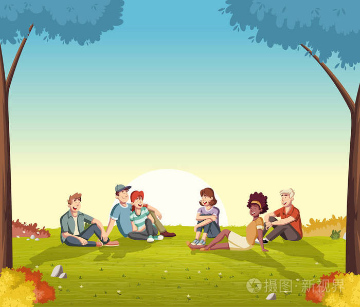 绿色公园景观卡通青少年坐在草地上