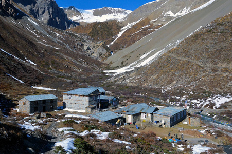 提利科湖大本营从阿纳普尔纳回路尼泊尔的一侧跋涉。 建筑物和旅馆包围了群山和白雪覆盖的山峰。