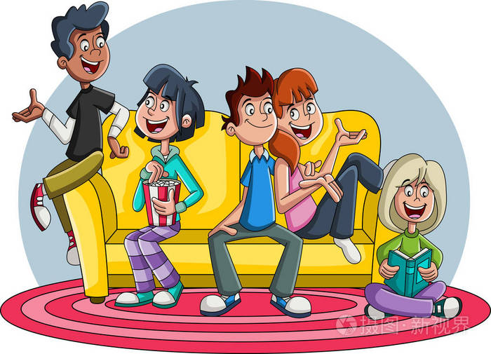 沙发上的一群卡通年轻人. 青少年朋友.