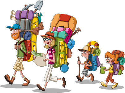 卡通家庭有大背包。 携带露营装备的人。