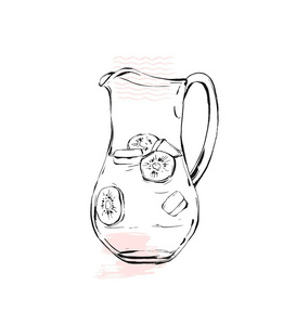 手绘矢量图形厨房玻璃器皿投手眼镜肠饮配件用蜡笔彩色手绘纹理刷孤立的白色背景上的绘图。厨房内部图标