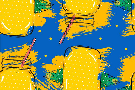 手绘矢量抽象创造性排毒水柠檬水无缝模式与玻璃瓶, 薄荷叶和手绘纹理隔离在深蓝色的背景。菜单, 包装, 饮食概念柠檬水瓶