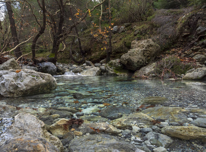 希腊埃维亚岛森林里有清澈的水的多山的快速河流。