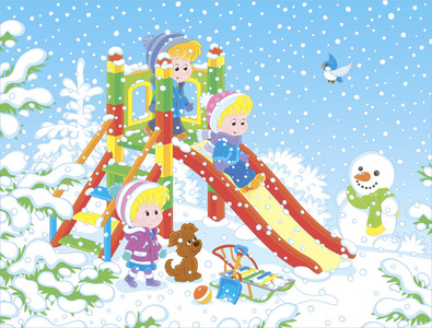 孩子们在一个覆盖着雪的操场上玩滑梯,在一个下雪的日子里,卡通风格的