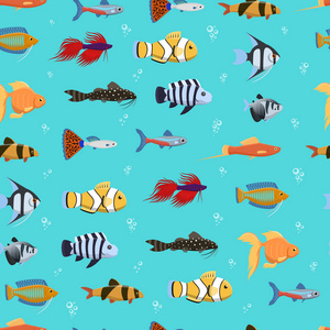 无缝的向量样式与可爱的装饰鱼例证。有趣的多色背景, 海洋纹理水下水生野生动物