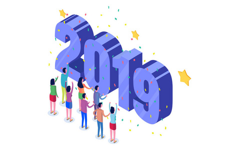 新年快乐2019等距概念。 贺卡海报横幅的三维模板。