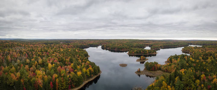 空中全景，在秋天的季节，森林中有一个美丽的与五颜六色的树木。 摄于加拿大新斯科舍大湖流。