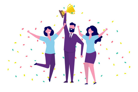 商业团队成就团队胜利赢得概念与人物。 人们拿着杯子庆祝成功。