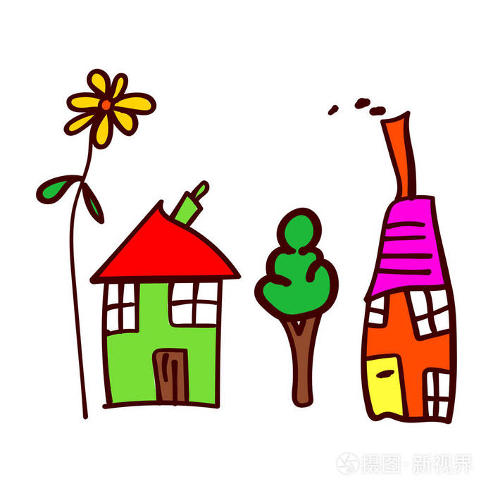 孩子们用两座房子画树和花插图孤立的白色背景