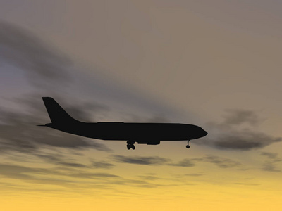 概念或概念黑色飞机，飞机或飞机轮廓在日落或日出背景下飞越天空