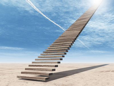 概念或概念三维插图楼梯台阶上的天空背景沙漠与云照片