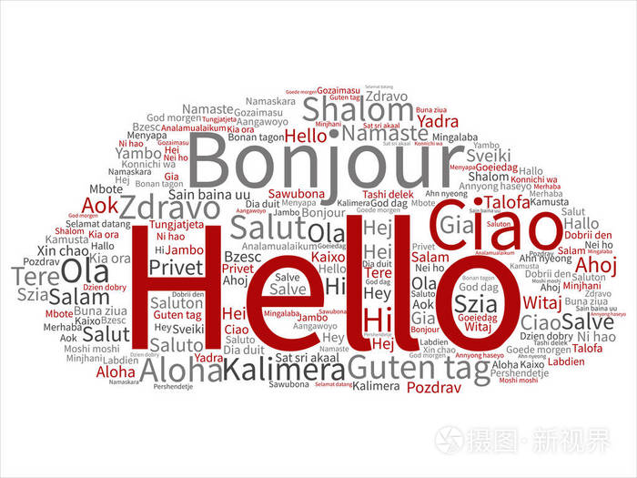概念或概念抽象的hello或问候国际旅游词云的不同语言或多语种.