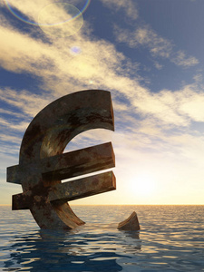 欧洲危机背景下的概念3D演示货币欧元符号或符号下沉在水海或海洋日落背景下的概念