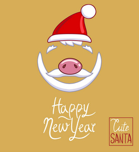 圣诞老人帽子，猪鼻子，胡须和胡子，上面写着新年快乐。 手绘样式矢量图设计