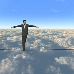 3D商人或处于危机中的人在云上的绳索上平衡行走的概念