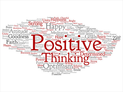 概念概念积极思维快乐强烈态度抽象词云背景孤立。 乐观的拼贴，微笑，信念，勇敢的目标，善良，幸福，灵感，文本
