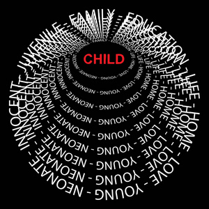 概念或概念红白圆形的儿童文本WordCloud或TagCloud孤立在黑色背景上