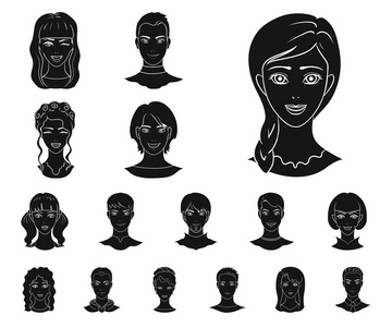 头像和脸黑色图标集合中的设计。一个人外观矢量符号股票 web 插图