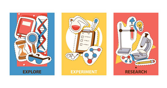 科学卡片设置以化学生物和物理动画片向量例证。探索, 实验, 研究科学课程或俱乐部的邀请卡。设备贴纸