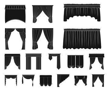 不同类型的窗帘在集合中的黑色图标设计。窗帘和 lambrequins 矢量符号股票网页插图