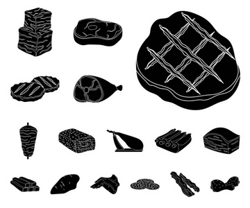 不同的肉黑色图标集合中的设计。肉类产品矢量符号股票网站插图