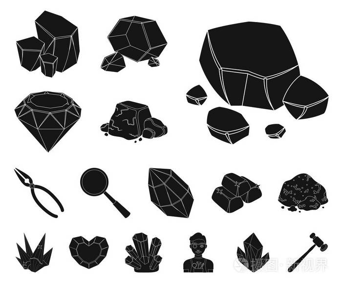 珍贵的矿物黑色图标集合中的设计珠宝首饰和设备矢量符号股票网页插图