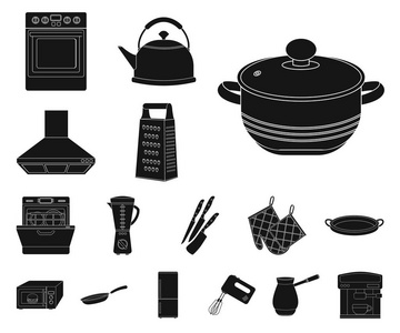 厨房设备黑色图标集合中的设计。厨房和附件矢量符号股票网站插图