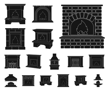 不同类型的壁炉黑色图标集合中的设计。壁炉建筑矢量符号股票网站插图