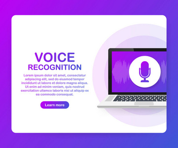 向量平面语音识别例证。着陆页设计。笔记本电脑屏幕与声波和麦克风动态图标。向量例证